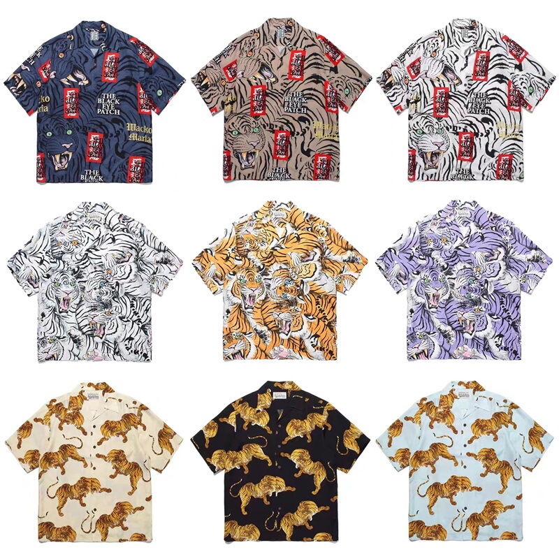 Jiangxin Blackeyepatch Black Eye Belt Hokusai Tiger Totem Seal Hawaiian Short-Sleeved Shirt for Men