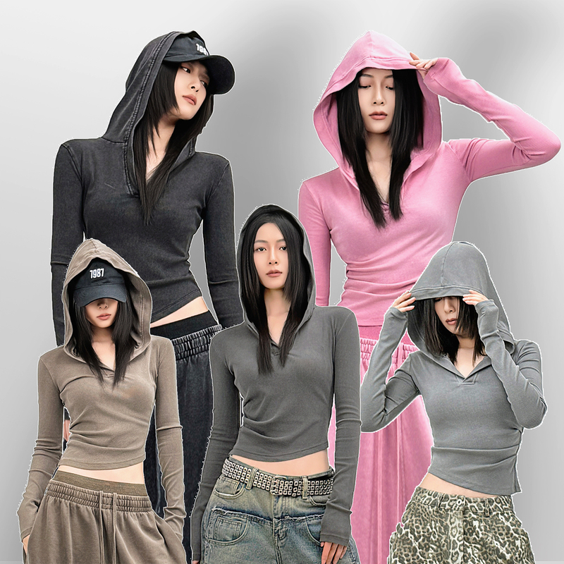 Sun90 American Retro Hot Girl Dune Aesthetic Distressed Hooded Long-Sleeve Base Shirt for Women, Slim Fit, Regular Shoulder T-Shirt
