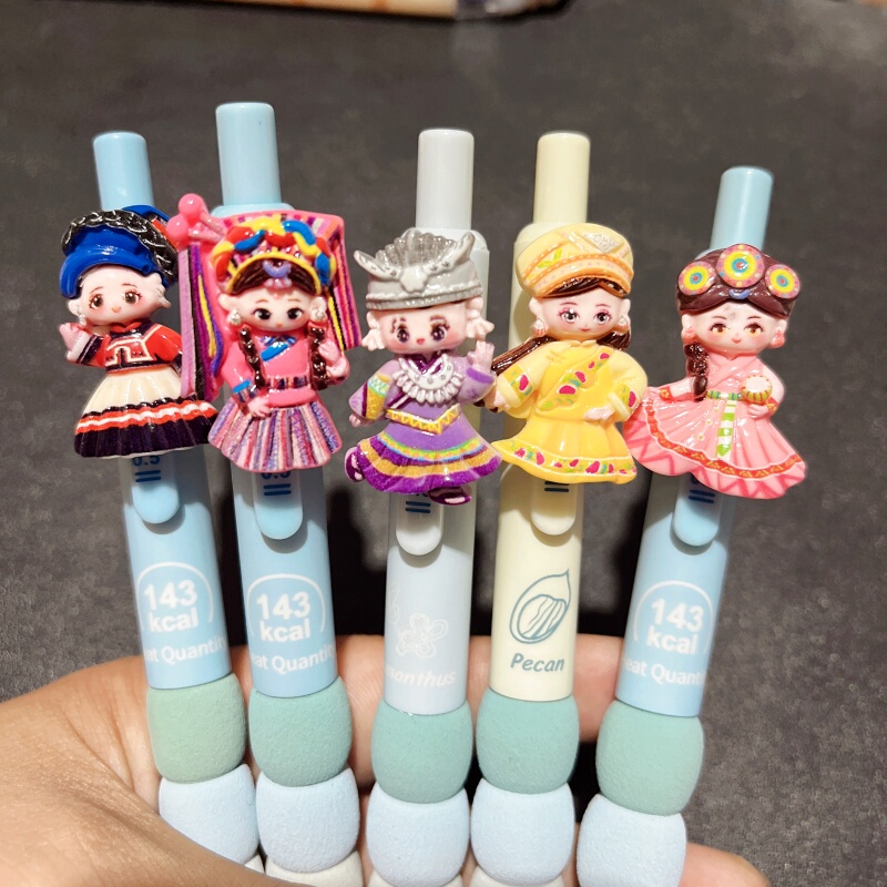 Cartoon Pendant Pen, Ethnic Minority Girl Patch Pen, Cute Student Pen, Black Signature Pen