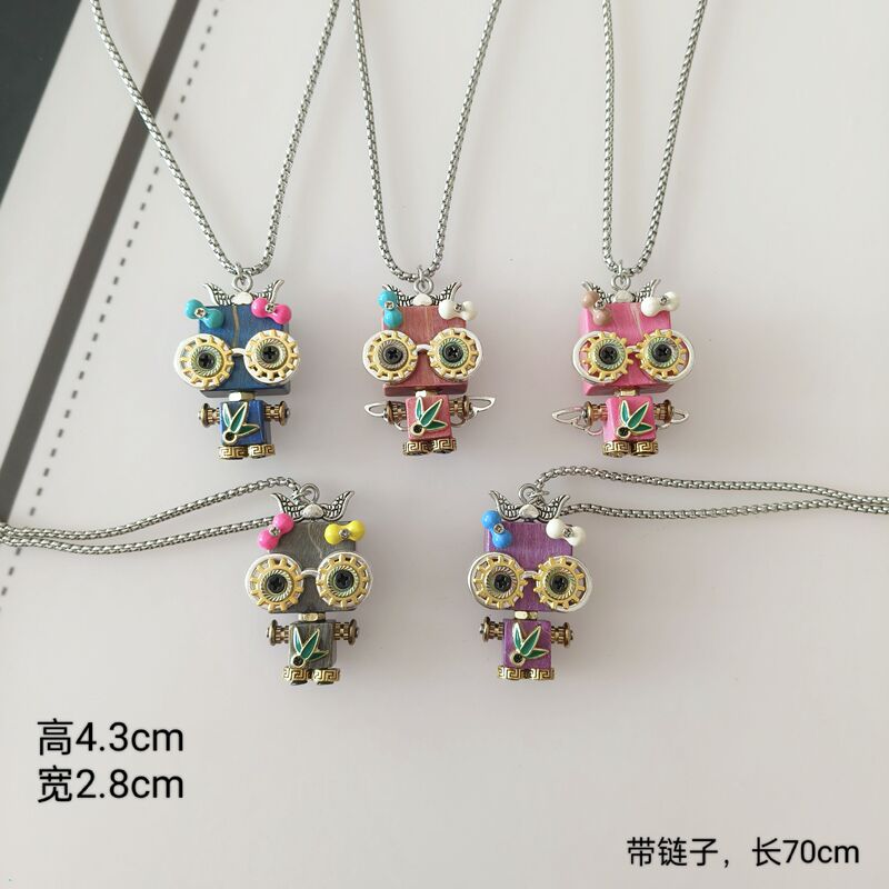 Handmade Punk Robot Necklace Pendant Creative Gift Wooden Keychain Couple Car Hanging 112