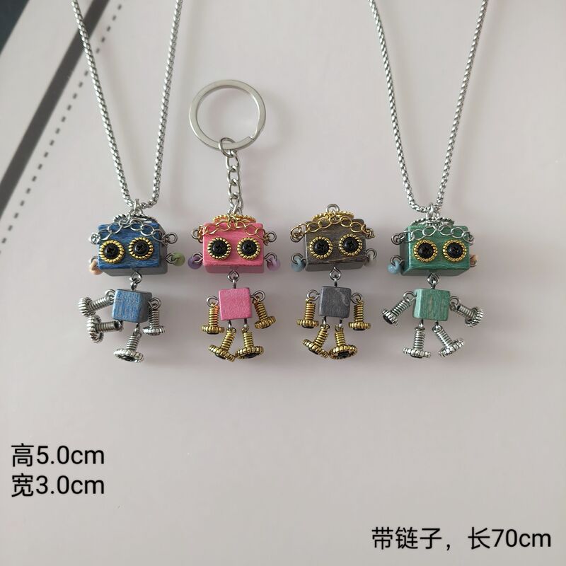 Wooden Robot Handmade Necklace Keychain Creative Gift Steampunk Robot with Chain 044 Wooden Robot Handmade Necklace Keychain Creative Gift Steampunk Robot with Chain 044