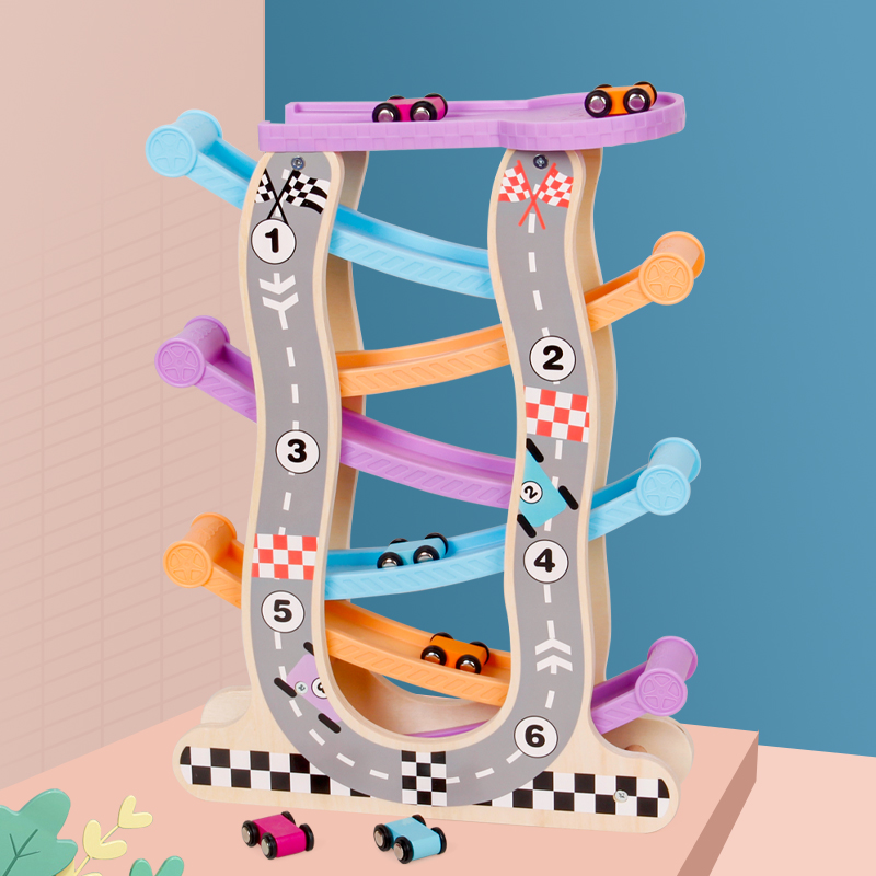Infants and children wooden multi-layer glider toys 1-2-3 years old boys and girls hands-on puzzle inertial track car