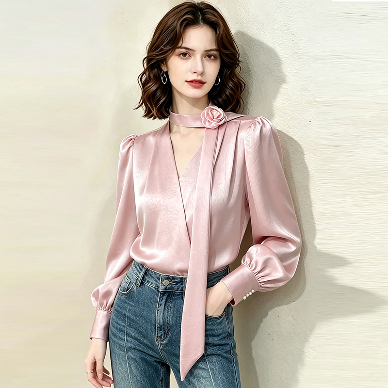 Pink Satin V-Neck Shirt for Women with Three-Dimensional Rose Flower Ribbon Design, Puff Sleeves, and a Stylish Long-Sleeve Top for Work