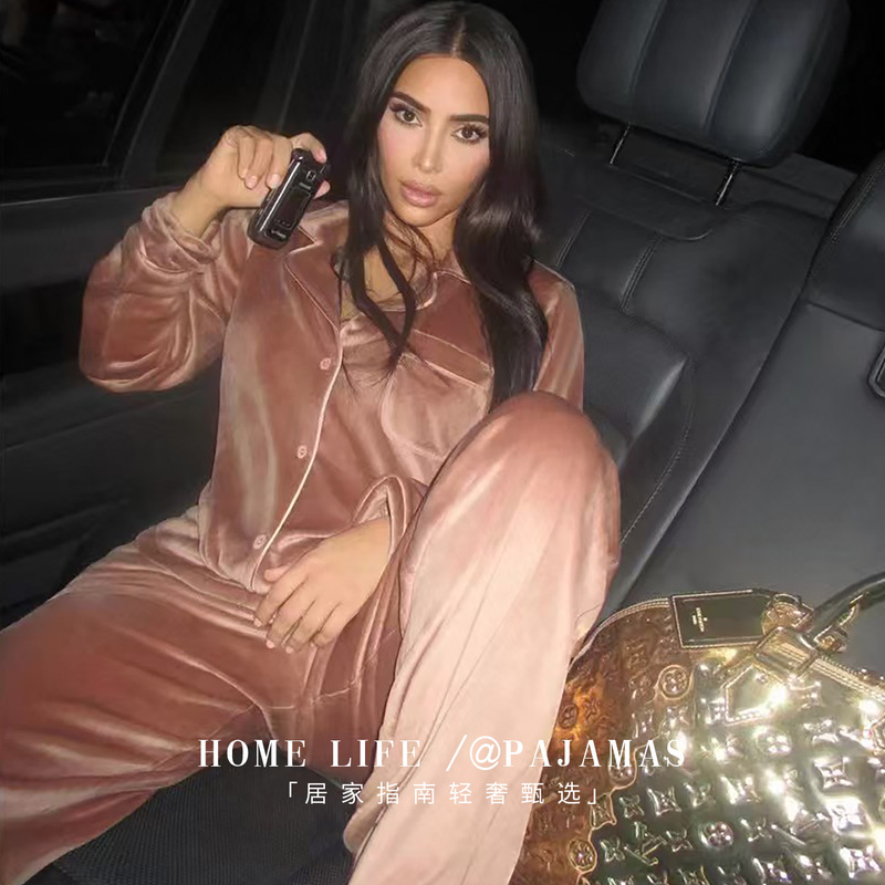 Kardashian-Style Korean Velvet Double-Sided Island Velvet Pajamas for Women, New Spring, Autumn, and Winter Loungewear Set