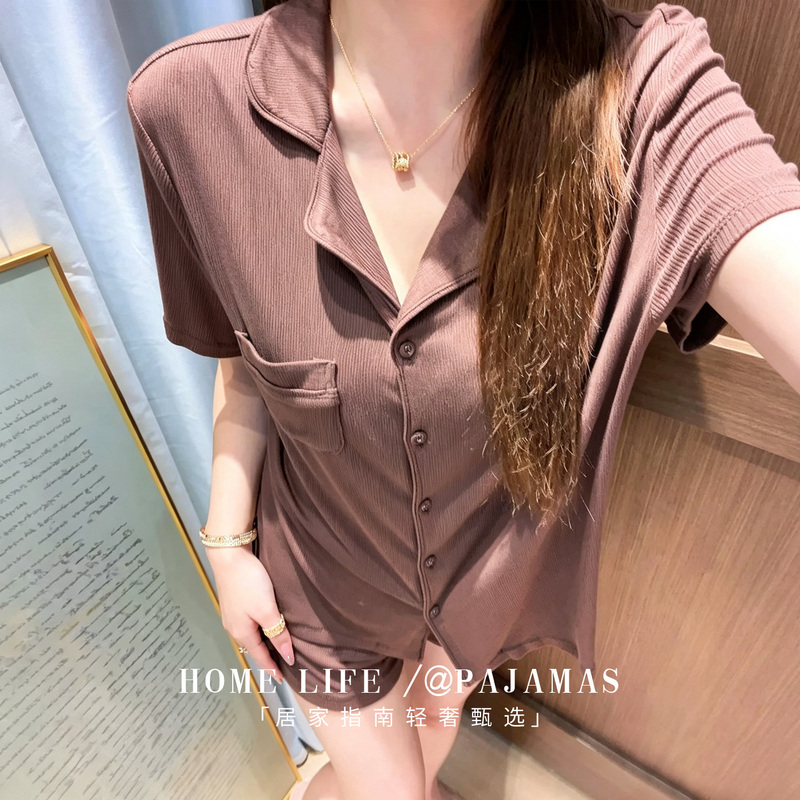 Foreign Trade Export Kardashian-Style Modal Knit Ribbed Pajamas for Women, New Summer Short-Sleeved Loungewear Set