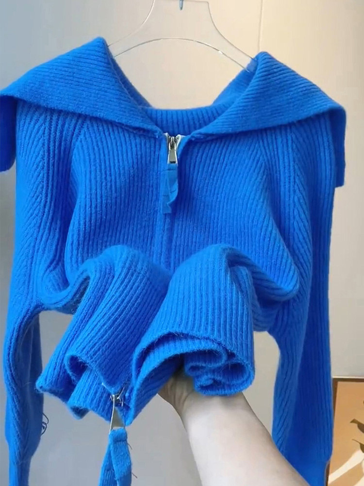 2022 new European goods raccoon velvet Klein blue large lapel sweater jacket women's spring and autumn high-end design sense niche