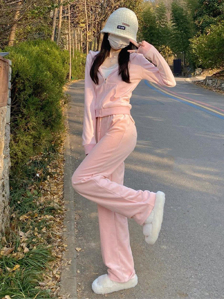 Small Subpink Casual Sportswear Sweatpants Gold Velvet Two-piece Style Suit 2022 Early Spring New Women's Dress
