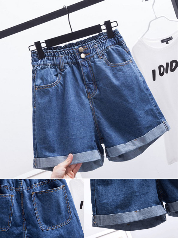 Denim shorts women's summer thin section large size fat sister mm loose wide leg crimped hot pants Elastic waist thin five-point pants