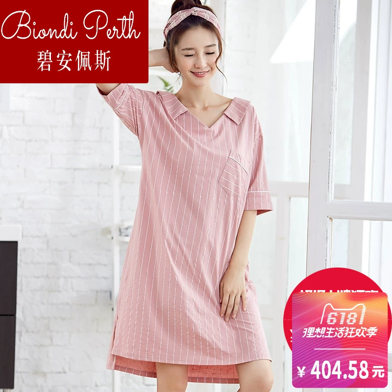 Váy ngủ Bianpaisi nữ ngắn tay cotton Đại Liên thời trang Hàn Quốc sexy sinh viên nữ váy ngắn tay cộng với kích thước ngủ - Đêm đầm