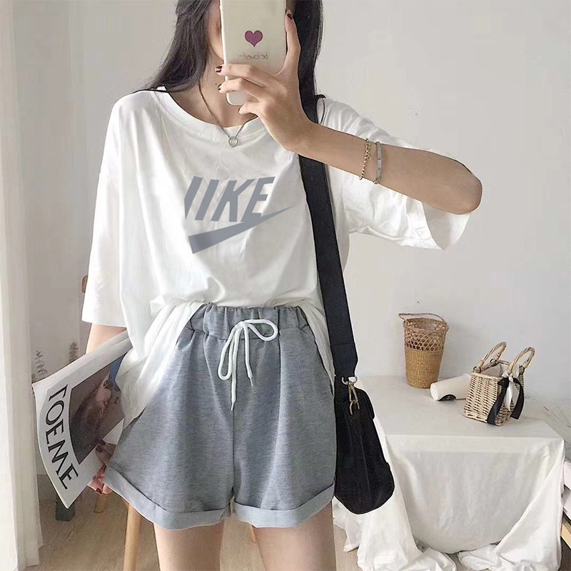Suit women's summer new 2019 loose large version of the top wide leg shorts two-piece set of students running casual sportswear