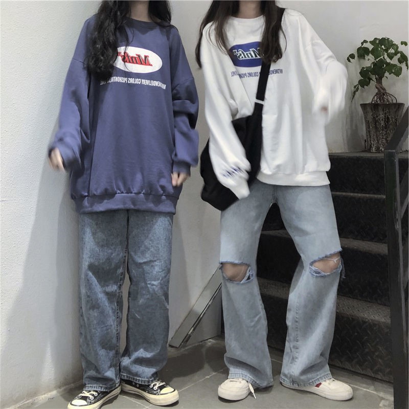 ins overfire sweatshirt female spring autumn harbor taste ancient with thin and round collar jacket Han version tide students loose and conspicuity blouses