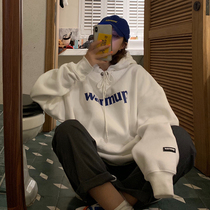 Ins super fire sweater womens autumn and winter Korean version hooded plus velvet thickened coat trendy students lazy wind loose top clothes