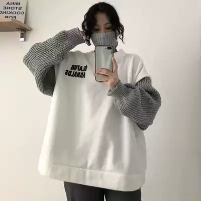 Super fire cec fake two-piece sweater women's autumn and winter new plus velvet thickened turtleneck jacket ins tide student loose top