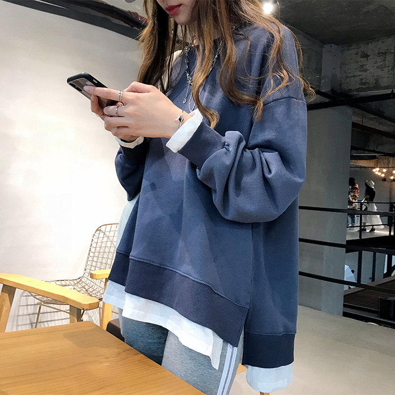 ins ultra fire fake two sweatshirt women autumn winter Korean version no hat plus suede thickened coat tide students loose clothes
