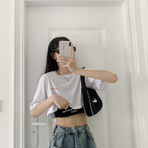 ins overfire short sleeves T-shirt female summer short section of open navel vest high waist Compassionate Tide Students Trampoline Loose Half Sleeve Blouse