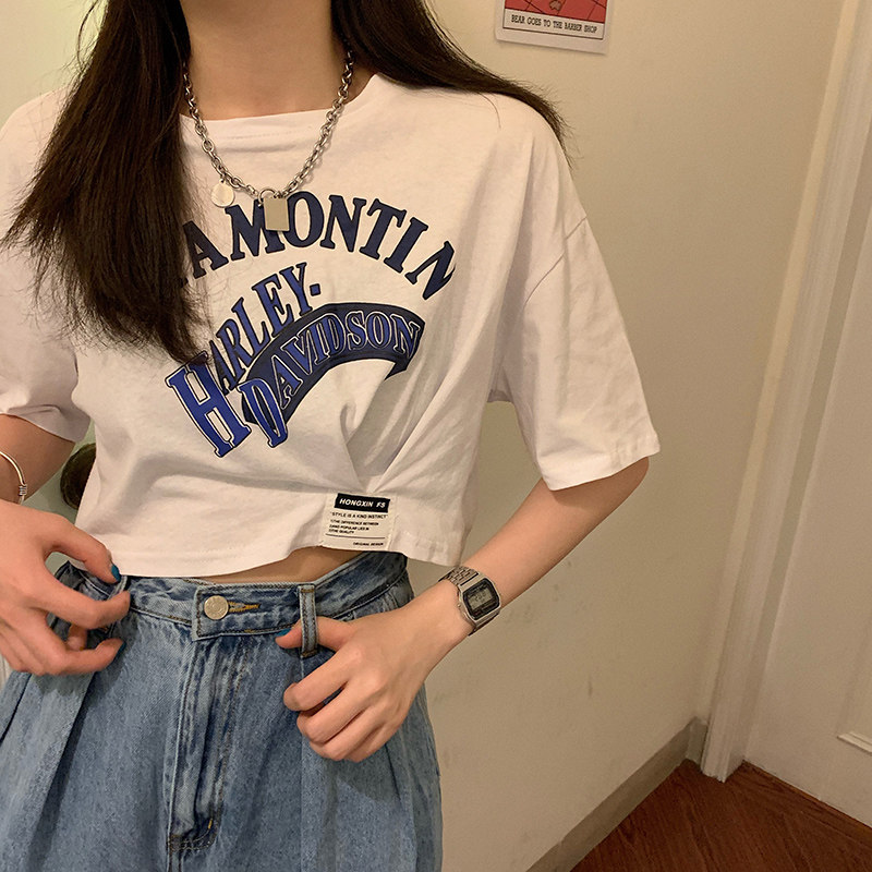 Ultra-fire short sleeve T-shirt woman 2020 Summer design Asymmetrical Exposed cord short T-shirt Elegant Wind Half Sleeve Blouse