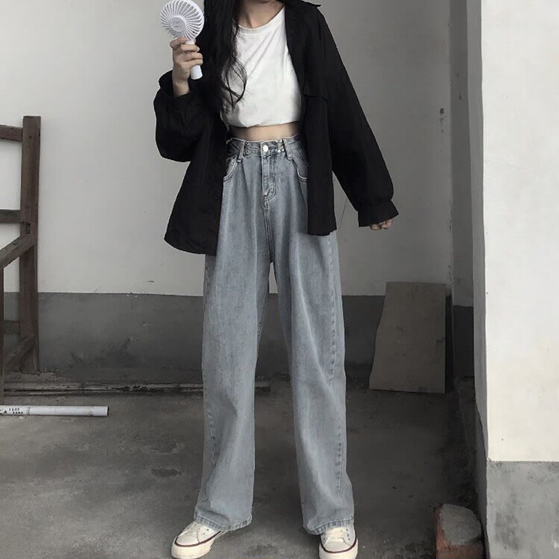 2020 new spring and autumn style mopping jeans women's vintage feeling popular loose straight tube thin high waist wide pants