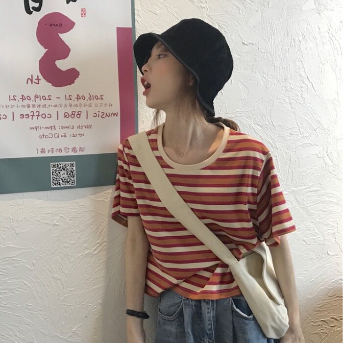 Super fire short short-sleeved T-shirt women's spring and summer Korean version striped mind T-shirt ins tide student loose half-sleeve top clothes