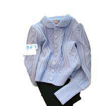 Blue twist short sweater jacket for women autumn and winter 2021 new style small gentle style thickened knitted cardigan