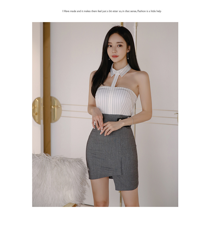 VK旗艦店 韓系立領性感掛脖露肩包臀修身短裙無袖洋裝