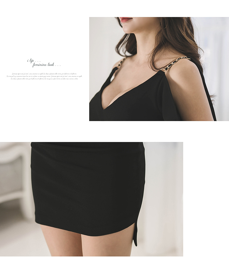 VK旗艦店 韓系時尚V領金屬露肩吊帶修身包臀短袖洋裝