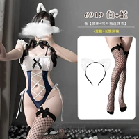 Белый + синий [кольцо на шею + комбинезон с открывающейся промежностью] + повязка на голову + длинные чулки в сетку