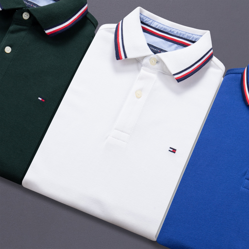 2026 North America Tommy Polo Shirt Short-Sleeved Men's Striped Collar Embroidered Classic Lapel Pure Cotton Half-Sleeve T-Shirt Summer