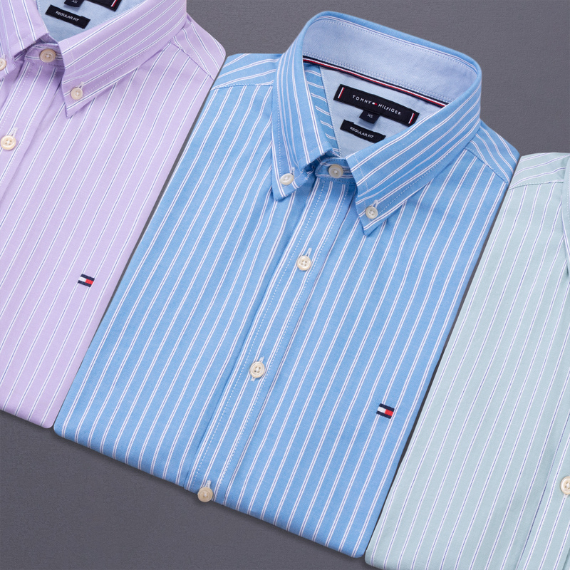In-Stock North American Tommy Men's Short-Sleeve Shirt, Oxford Fabric, Large Size, Classic Summer Striped Wrinkle-Free Shirt