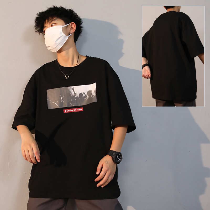 344 Black [Loose]Port style Short sleeve male T-shirt summer Thin easy trend Ice feeling jacket solar system Heavy cotton T-shirt elbow sleeve Compassionate