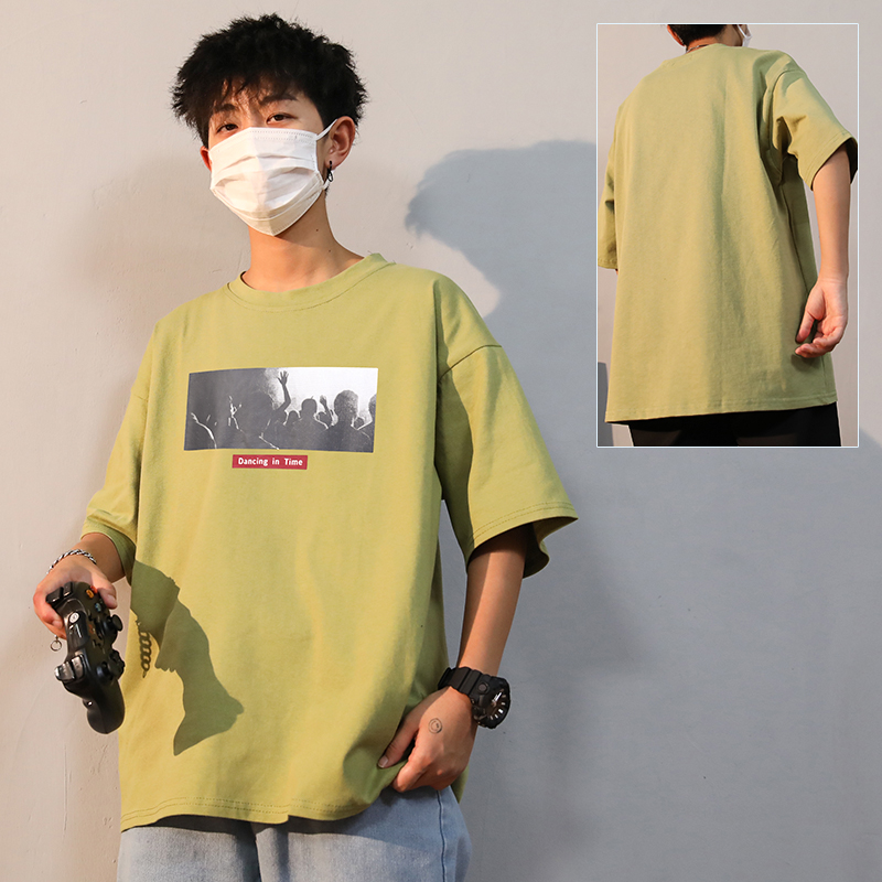 344 Green [Loose Style]Port style Short sleeve male T-shirt summer Thin easy trend Ice feeling jacket solar system Heavy cotton T-shirt elbow sleeve Compassionate