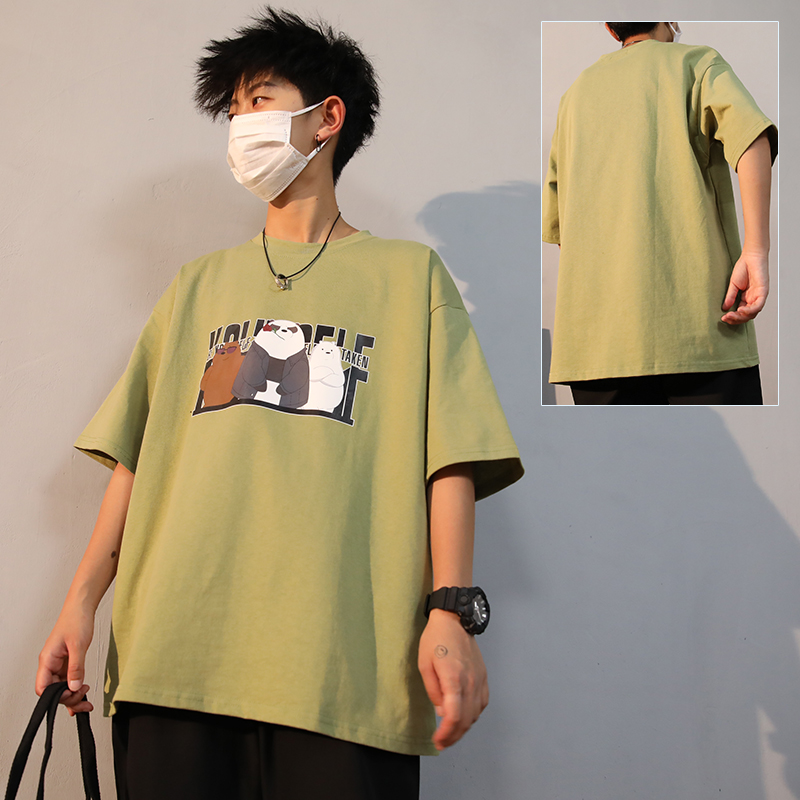 341 Green [Loose Style]Port style Short sleeve male T-shirt summer Thin easy trend Ice feeling jacket solar system Heavy cotton T-shirt elbow sleeve Compassionate