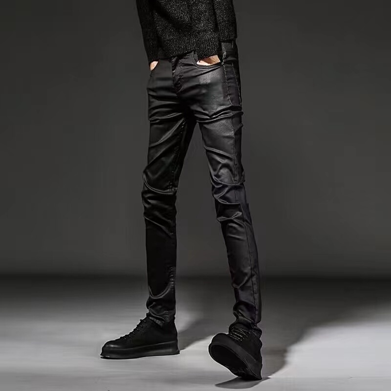 Coated Glossy Stretch Skinny Jeans Trendy Men's Korean Style Slim Fit Matte Black Versatile Slimming Stretch Pants