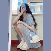 The French style square collar jacquard dress Womens spring Summer Salt Department wear a touch of first love and dont give a little subpoenayanair milky dress.