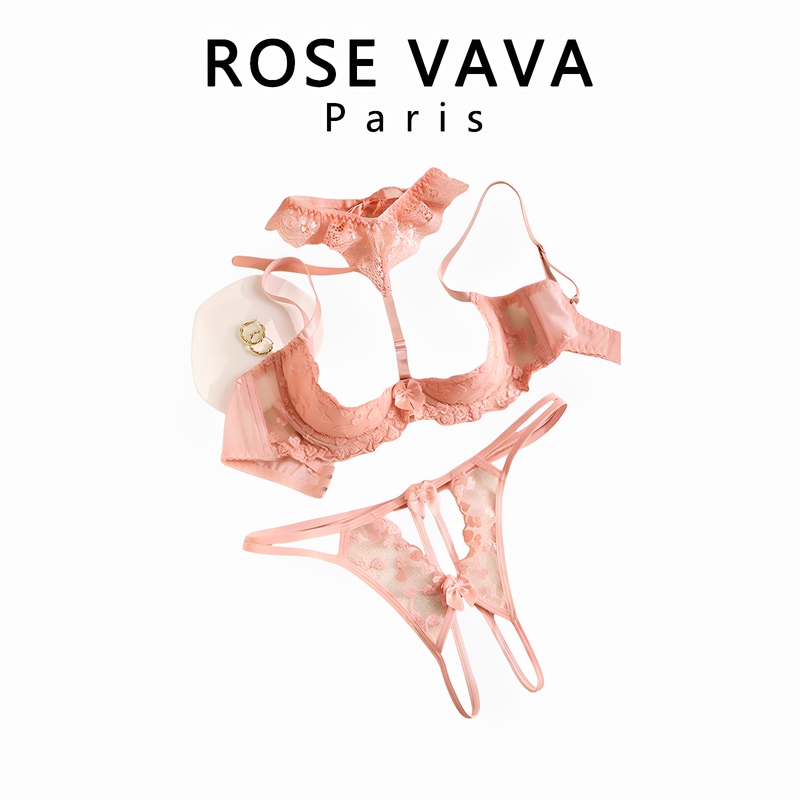 Rose Vava Lace Lingerie Set Small Bust Push-Up Embroidered Bra and Panties Quarter-Cut Hollow Bra