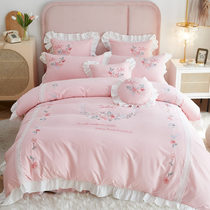 Princess style girl bed four-piece cotton cotton bed skirt pink white quilt cover bed linen wedding bedding