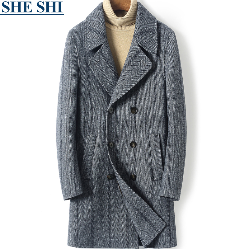 Light luxury new double-sided woolen coat men's mid-length handmade herringbone stripe cashmere-free coat windbreaker men's clothing