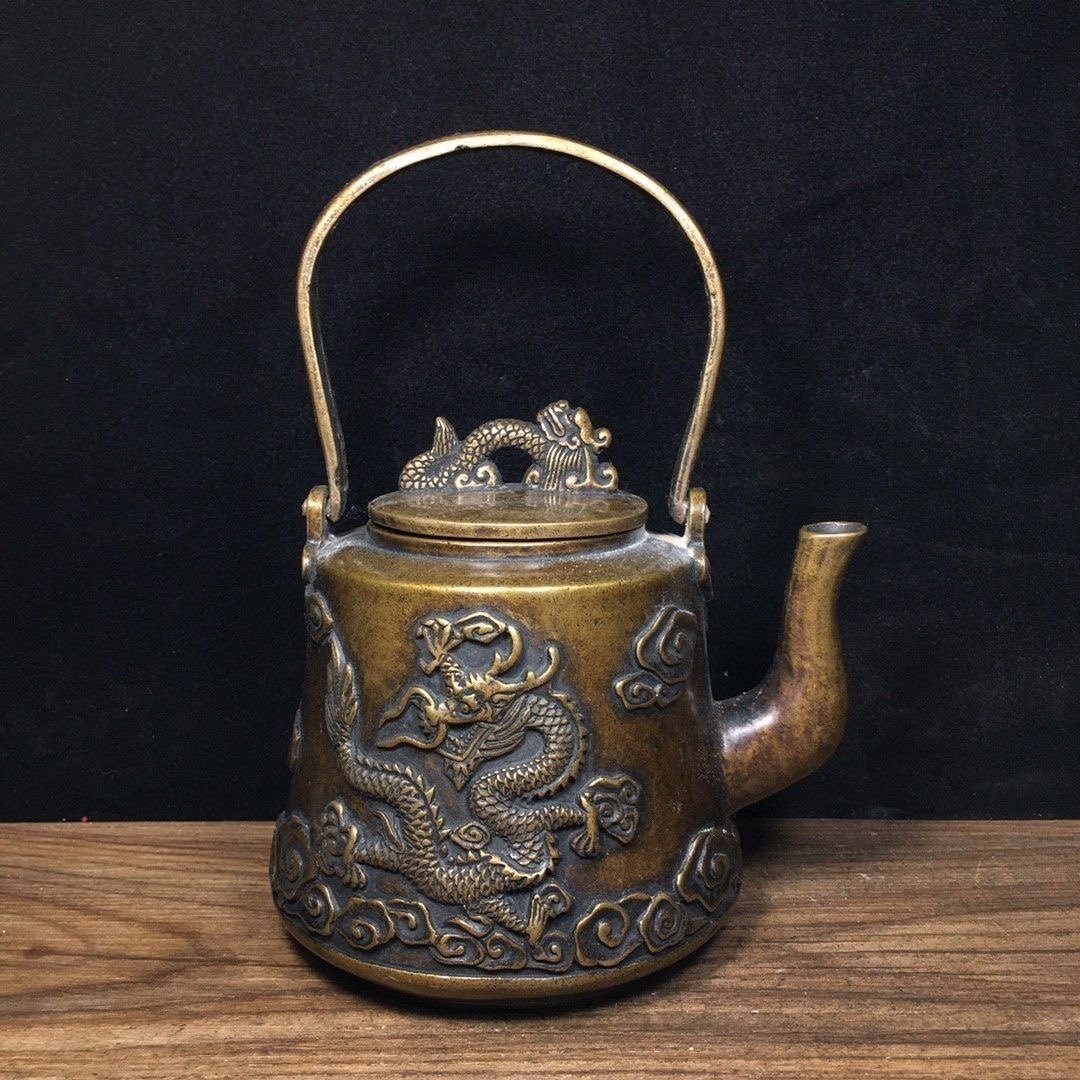 中国古玩 大明純銅黄銅器 双龍茶壺 Y540182 急須 最安値，新品