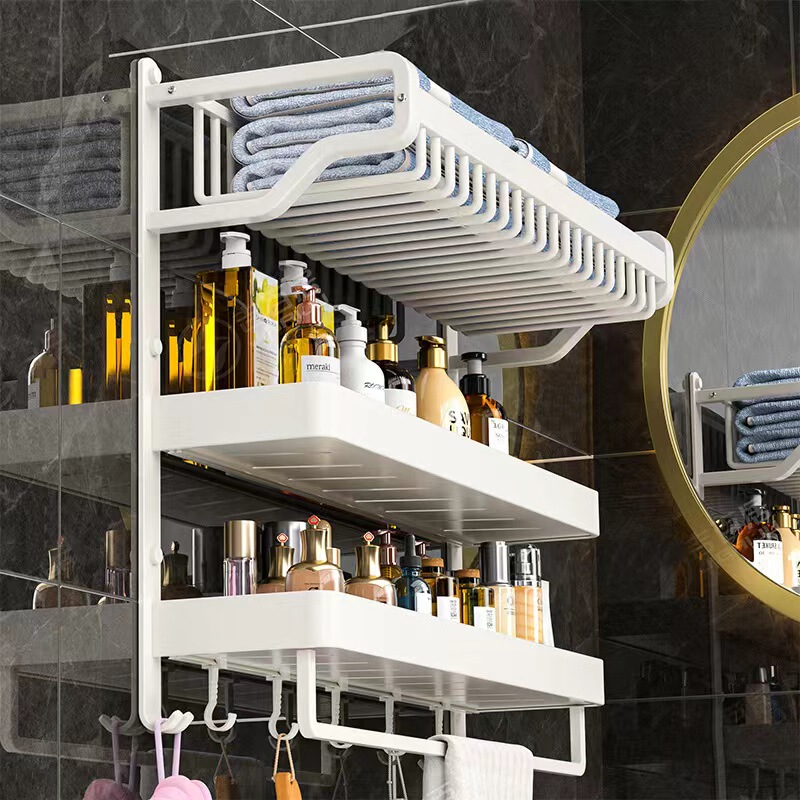 White Storage Rack, Bathroom Gray Towel Rack, Integrated Mesh Basket, Bath Towel Rack, No-Drill Toilet Bathroom Rack, Wall-Mounted White Storage Rack, Bathroom Gray Towel Rack, Integrated Mesh Basket, Bath Towel Rack, No-Drill Toilet Bathroom Rack, Wall-Mounted