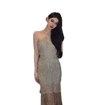 Party dress high-end light luxury ladylike temperament heavy industry sequins sparkling tassels sexy halter neck dress
