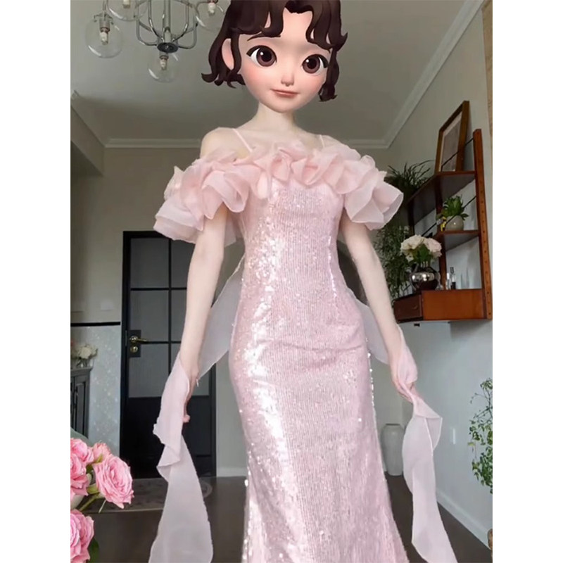 Pink ruffles suspender dress: engagement and birthday dress, the first  choice for classyaccessible luxury parties!