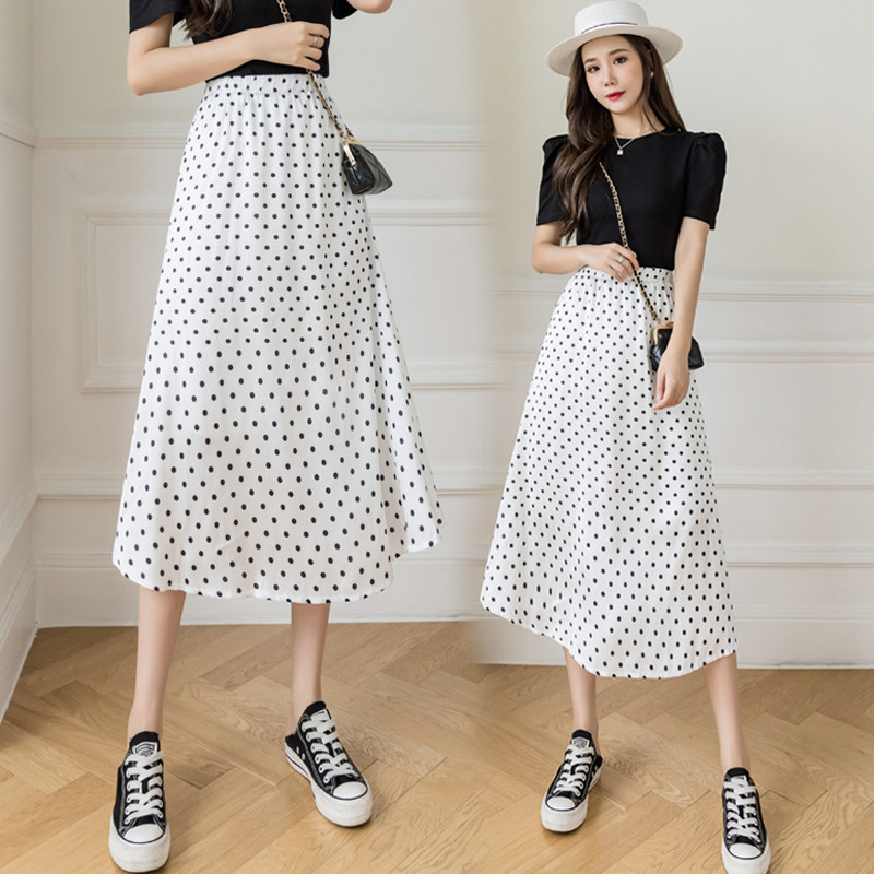 White fishtail skirt women's 2021 summer new polka dot large swing umbrella skirt mid-length version high waist slim A-line skirt