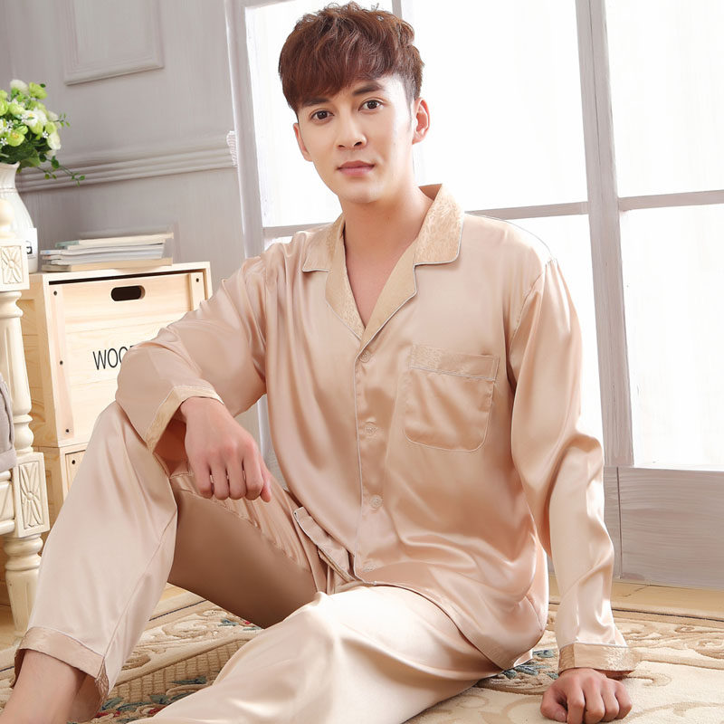 Men's pajamas silk Korean high-end spring thin ice silk homewear trousers cardigan suit summer long sleeves