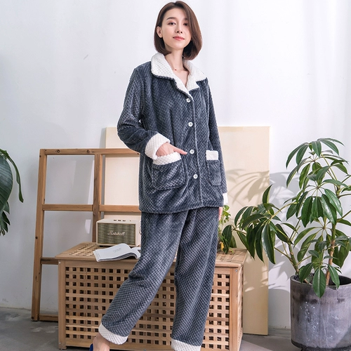 Демисезонная пижама, коралловый бархатный кардиган, фланелевый лонгслив, комплект, увеличенная толщина, в корейском стиле, свободный крой