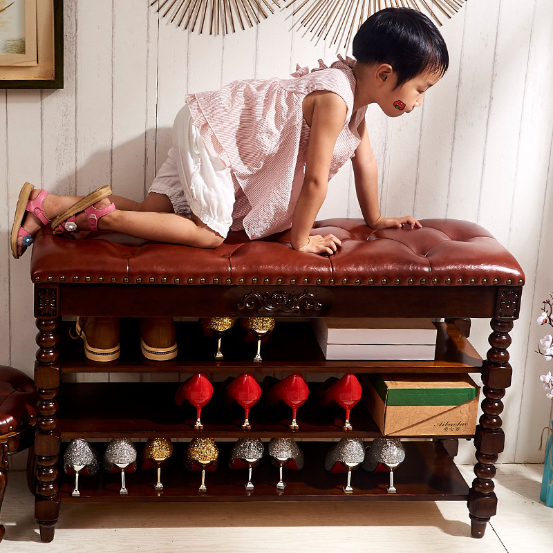 Entrance porch stool home storage stool European-style door shoe cabinet stool shoe rack stool solid wood shoe stool three-layer shoe changing stool