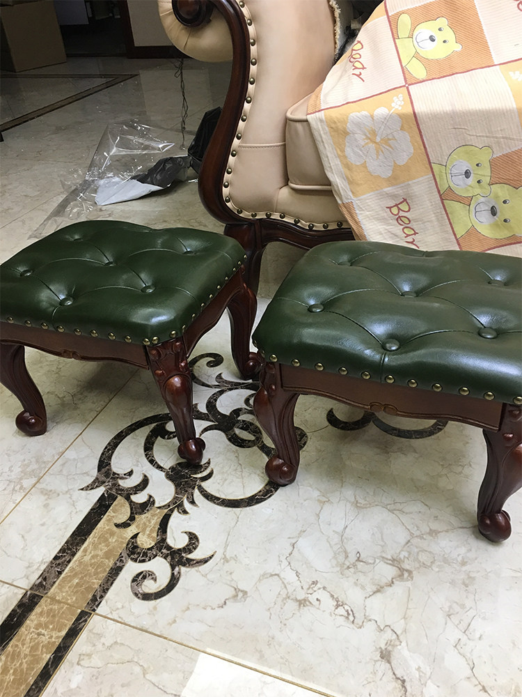 American solid wood low stool retro coffee table stool with copper nails living room square stool European style home leather children's shoe changing stool