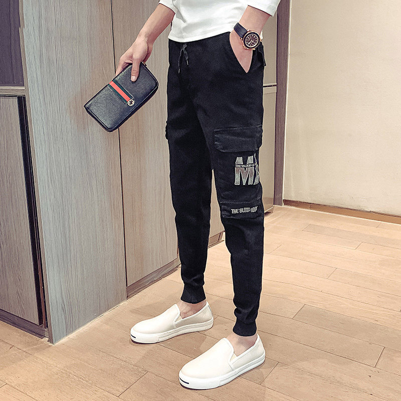 Nine-point pants men's slim feet Korean version trendy all-match ruffian handsome men's pants embroidery spirit guy casual legged pants