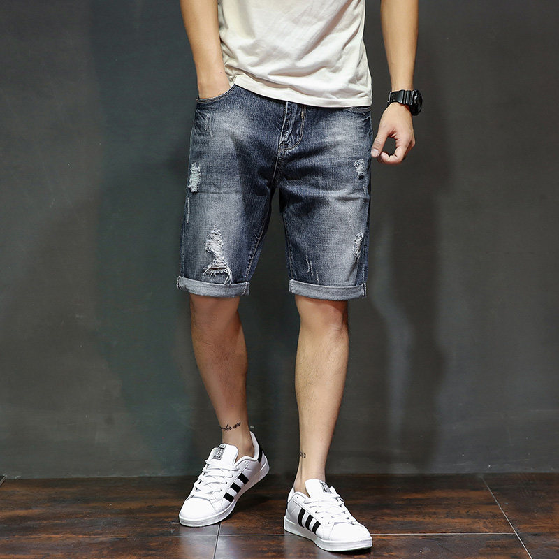 Denim Shorts Male summer Bo Loose Straight Drum Tide 5 points Korean version Trend Casual Breaking Hole 50% Pants Man