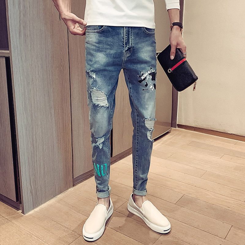 Self-repairing smoke pipe pants men 100 hitchhiking jeans Korean version trending web red tides light color spring 90% pants