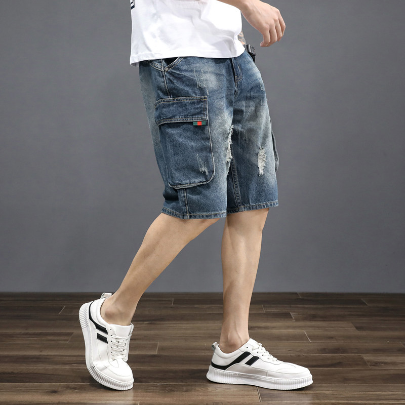 Denim Shorts Men Summer Thin with large pocket loose straight cylinder 50% Pants Tide Card Casual Sports 100 Hitch 50% Pants