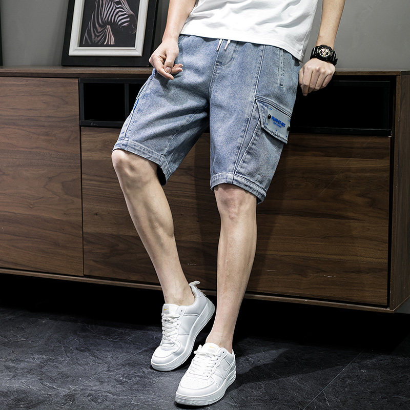 Men's denim shorts Korean version Trend Tide Cards Slim Summer Straight Barrel Loose 100 Hitchhiking 50% 50% Pants Breaking Holes